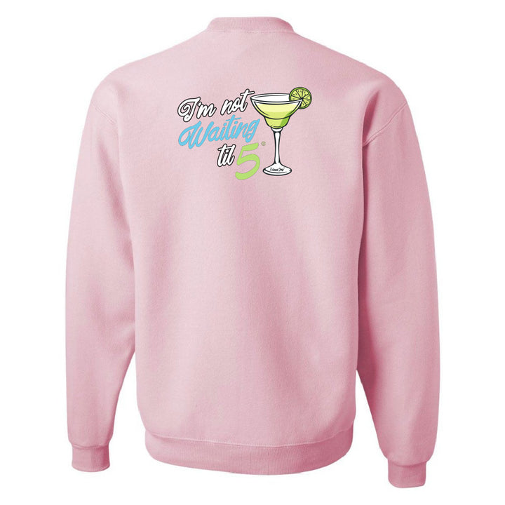 Pink sweatshirt with a graphic and text on the back against a white background