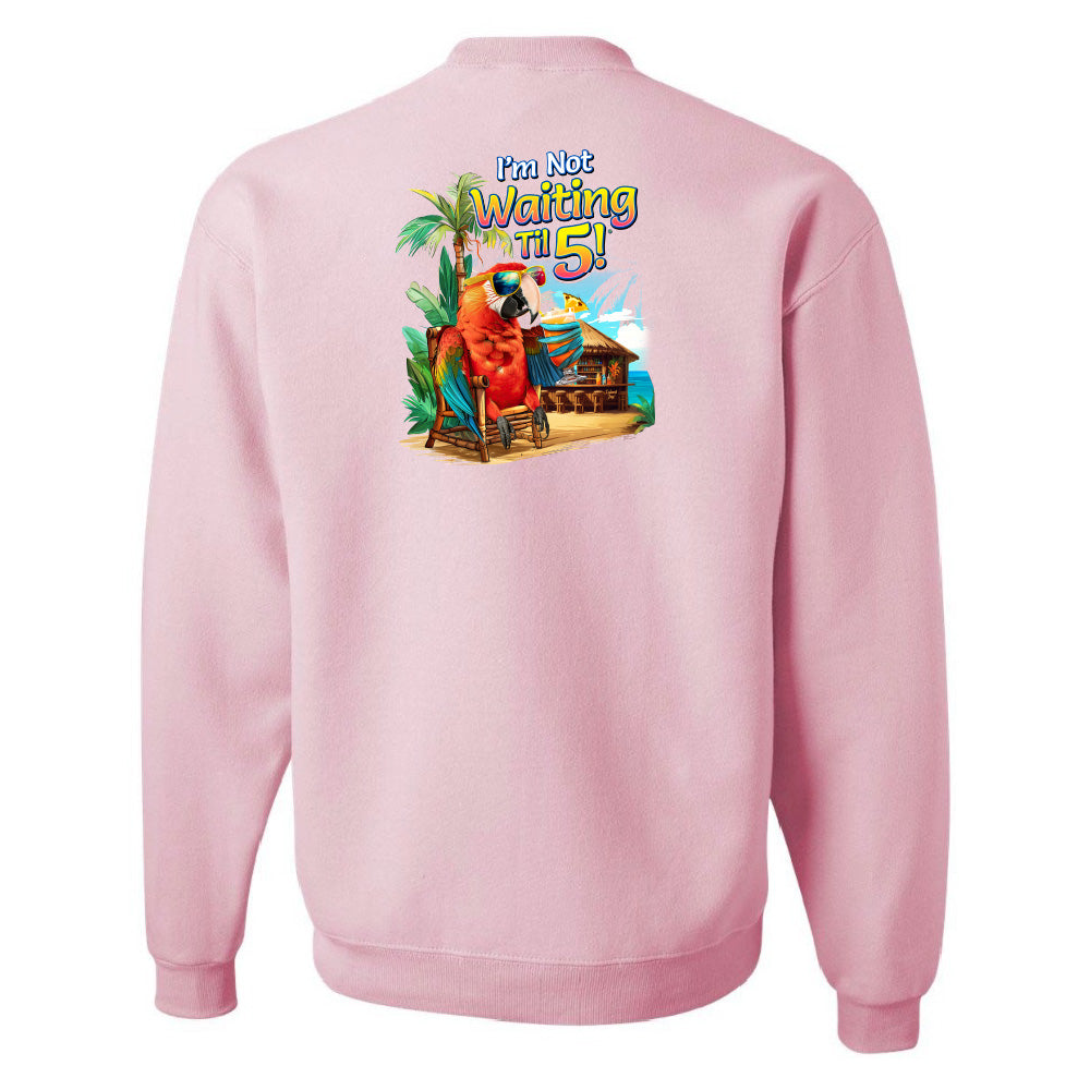 Pink sweatshirt with a colorful graphic and text on the back against a white background