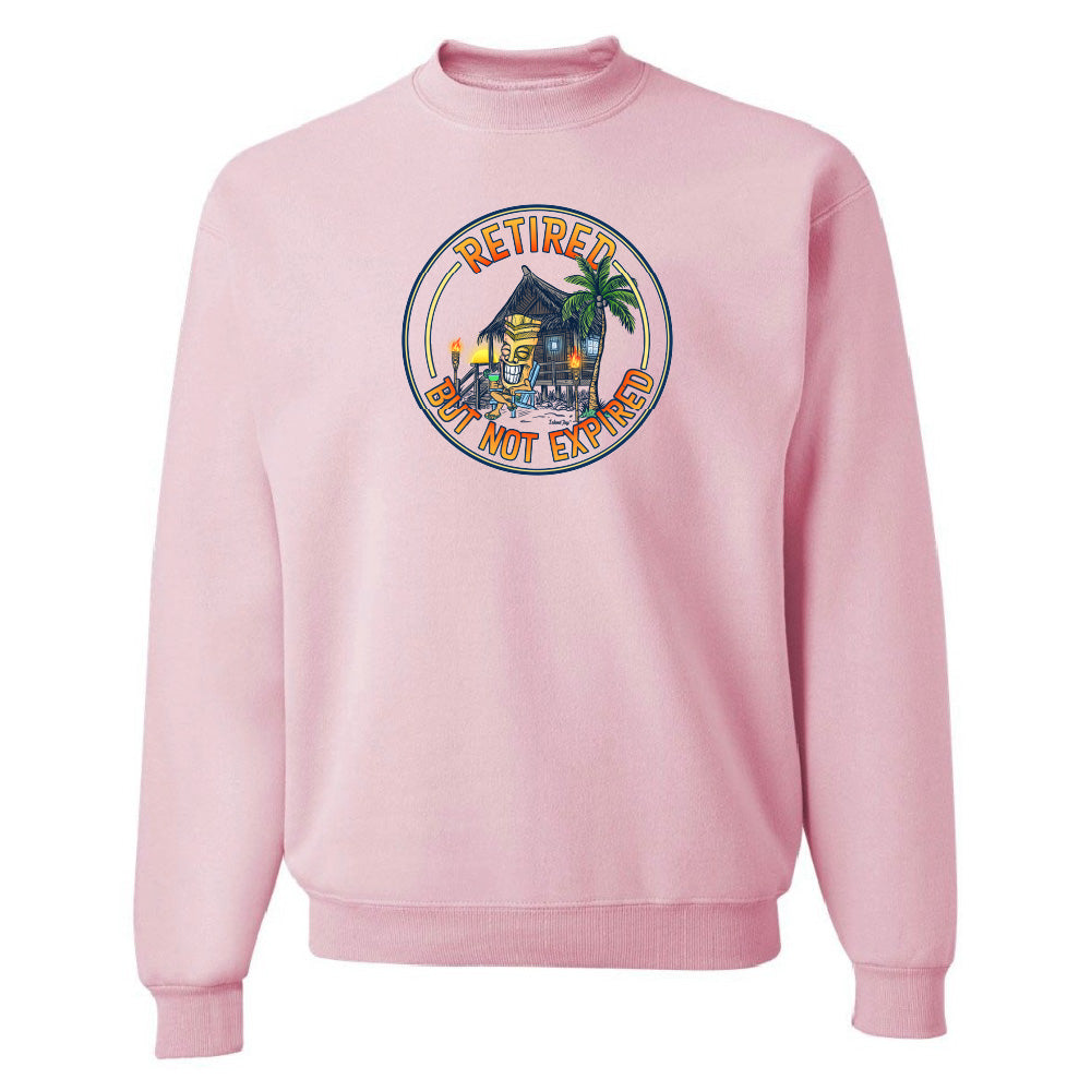 Pink sweatshirt with a colorful graphic and text on a white background