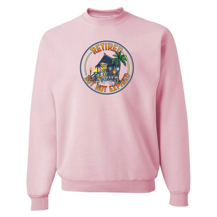 Pink sweatshirt with a colorful graphic and text on a white background