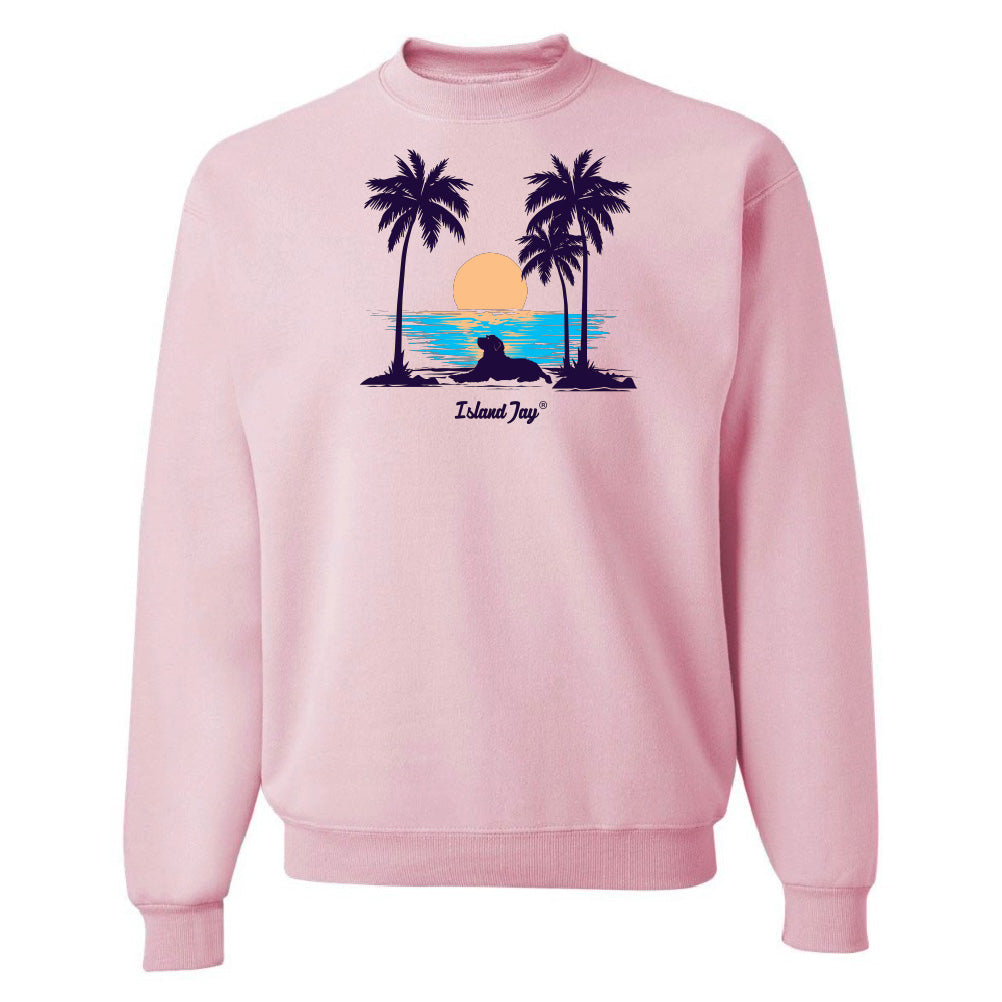 Pink sweatshirt with a beach graphic and 'Island Jay' text on a white background