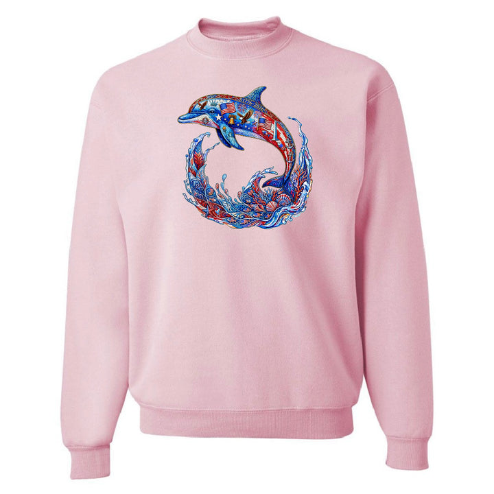 Pink sweatshirt with a colorful dolphin design on a white background