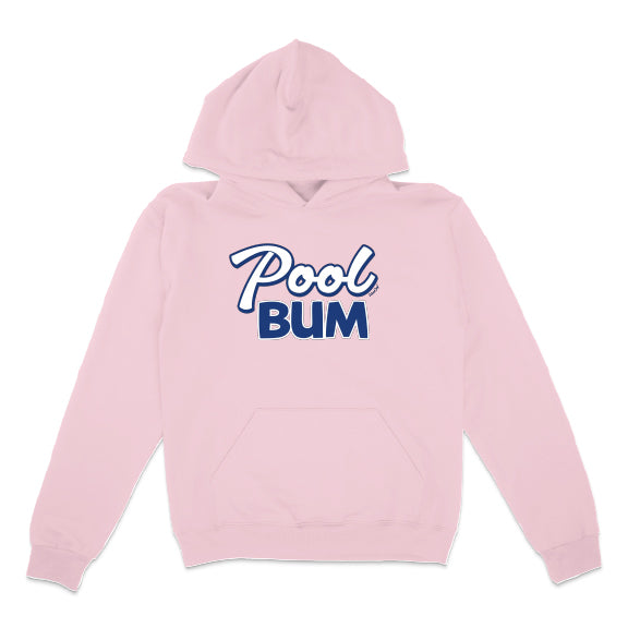 Pink hoodie with 'Pool Bum' text on a white background