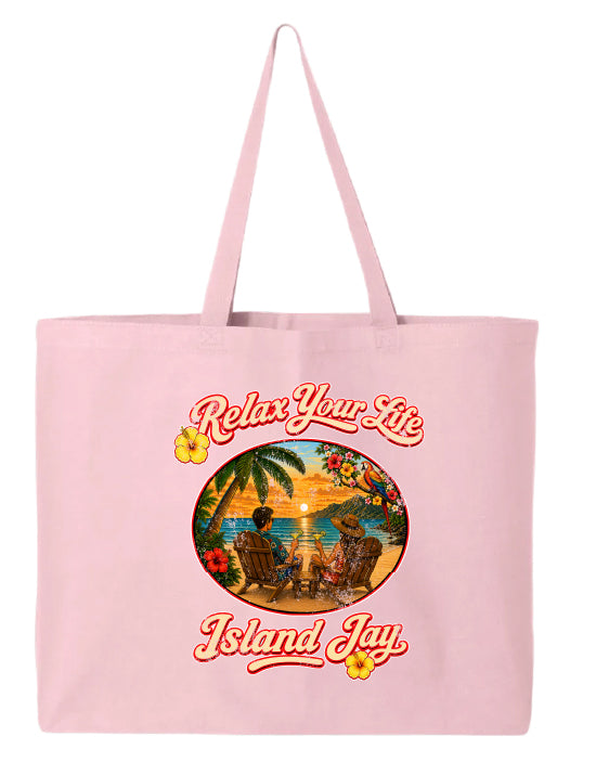 Pink tote bag with 'Relax Your Life Island Jay' design on a white background