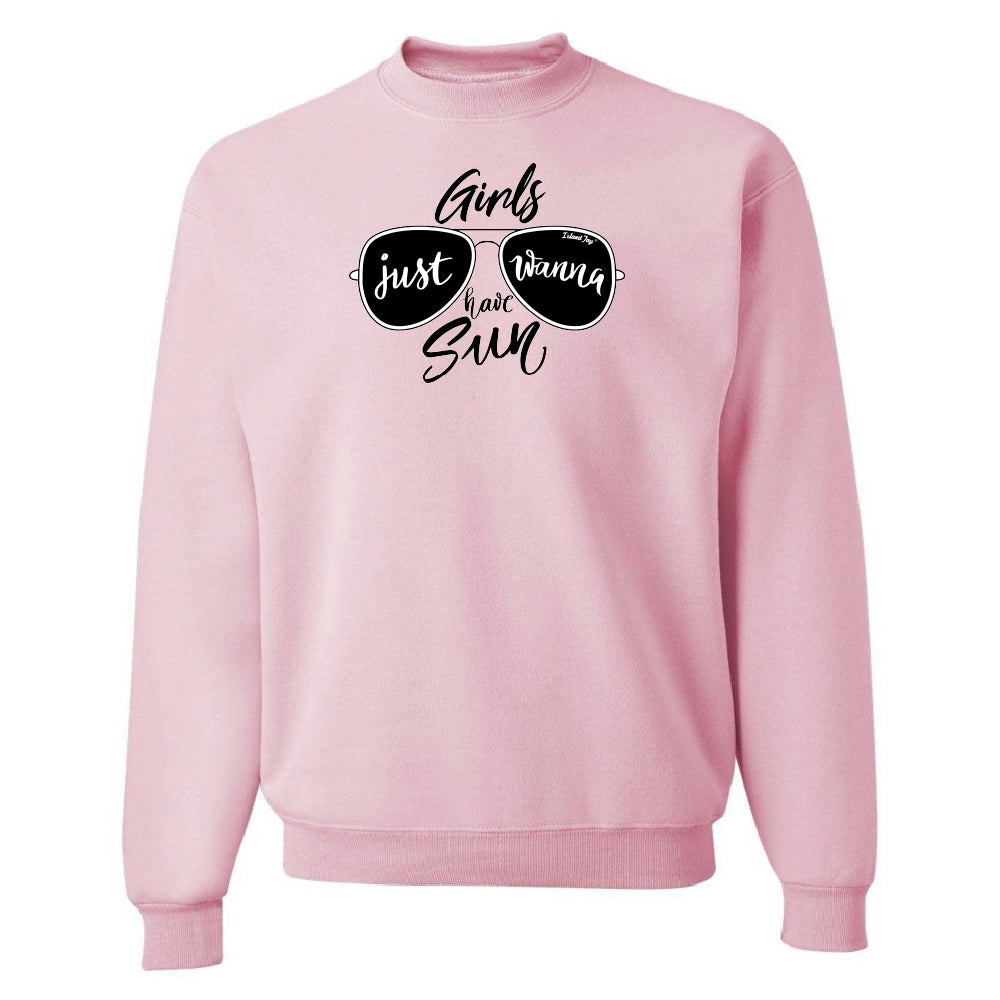 Pink sweatshirt with sunglasses graphic and text on a white background