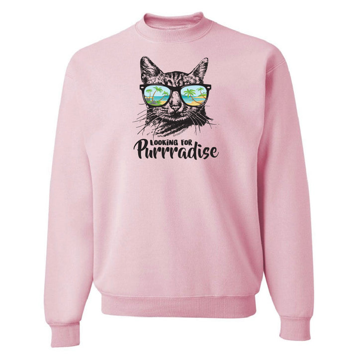 Pink sweatshirt with a cat graphic and 'Looking for Purradise' text on a white background