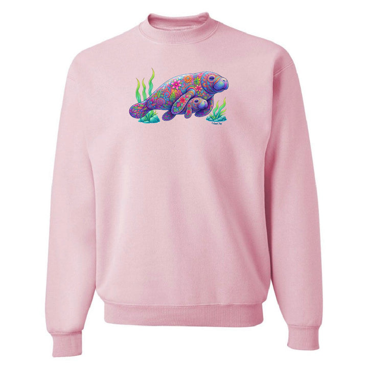 Pink sweatshirt with a colorful turtle design on a white background