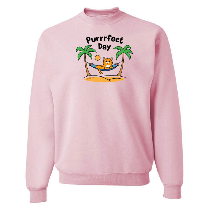 Pink sweatshirt with a 'Purrfect Day' graphic featuring a cat, palm trees, and a hammock on a white background.