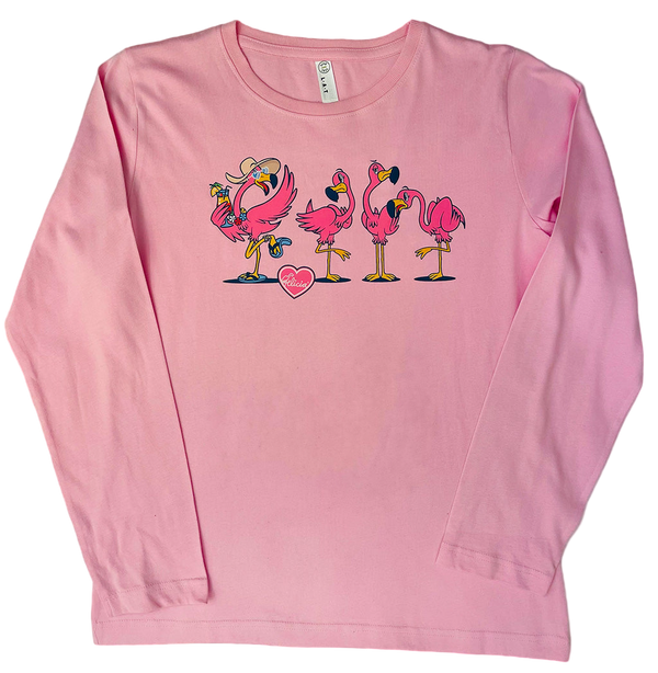 Pink long-sleeve shirt with cartoon flamingos design on a black background