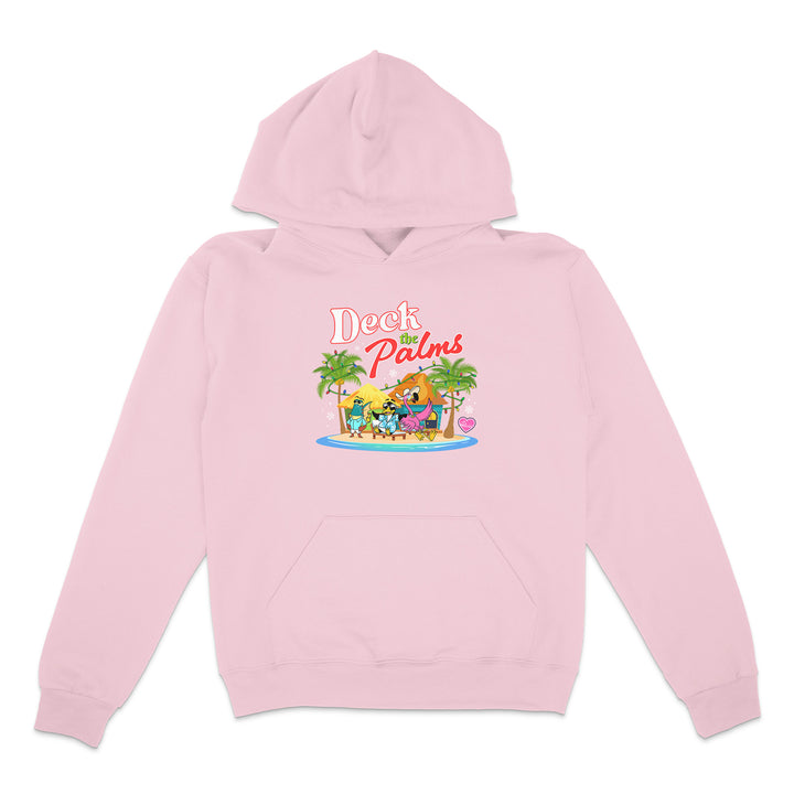 Pink hoodie with a tropical graphic and 'Deck the Palms' text on a white background