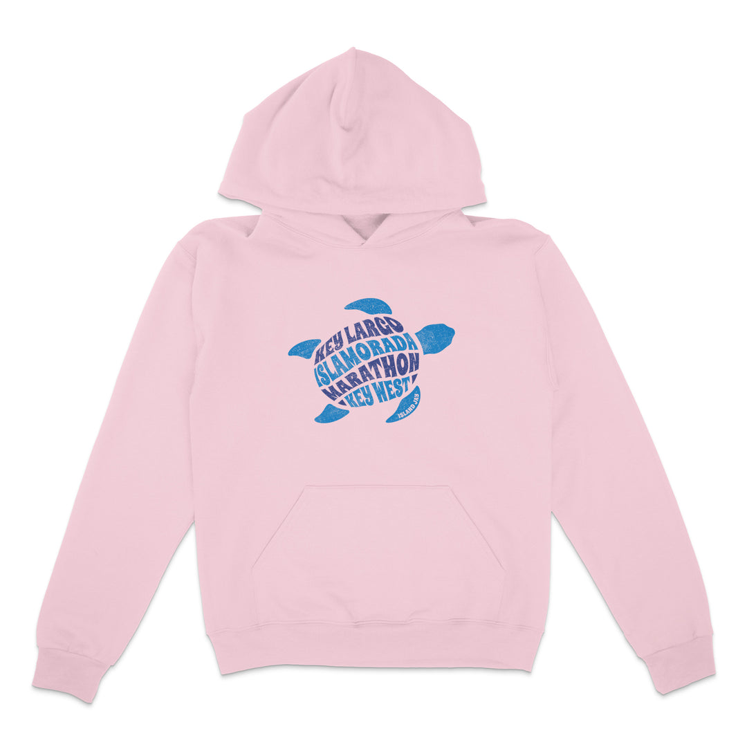 Pink hoodie with blue turtle graphic and text on a white background