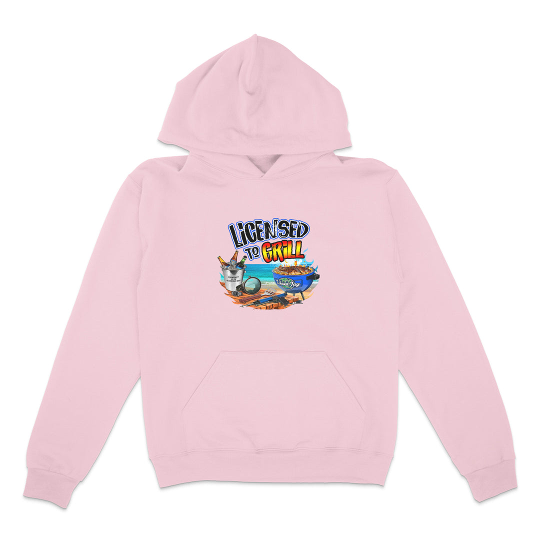 Pink hoodie with a graphic design on a white background