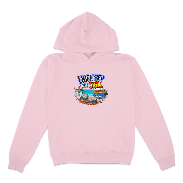 Pink hoodie with a graphic design on a white background