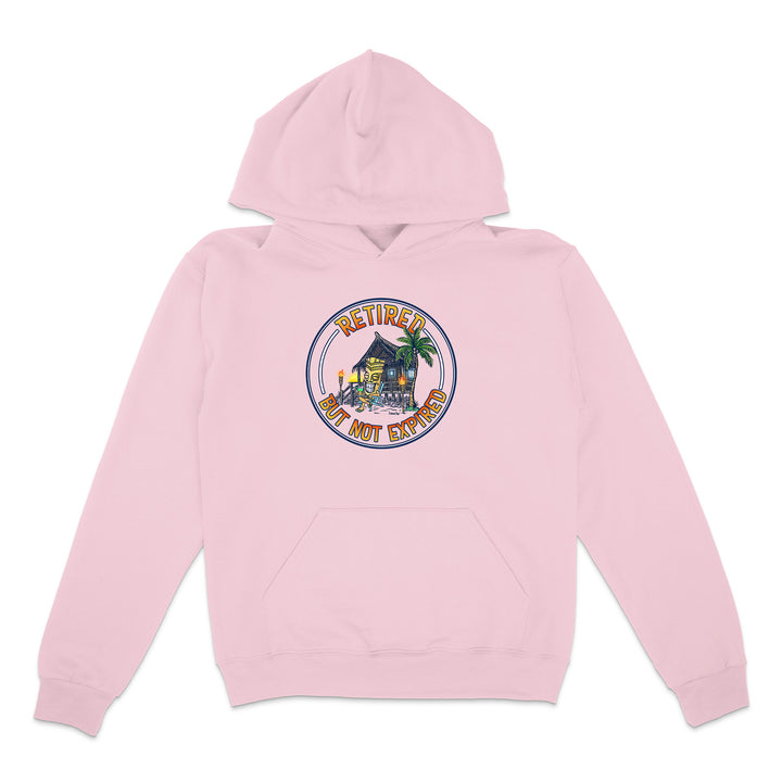 Pink hoodie with a colorful graphic on a white background