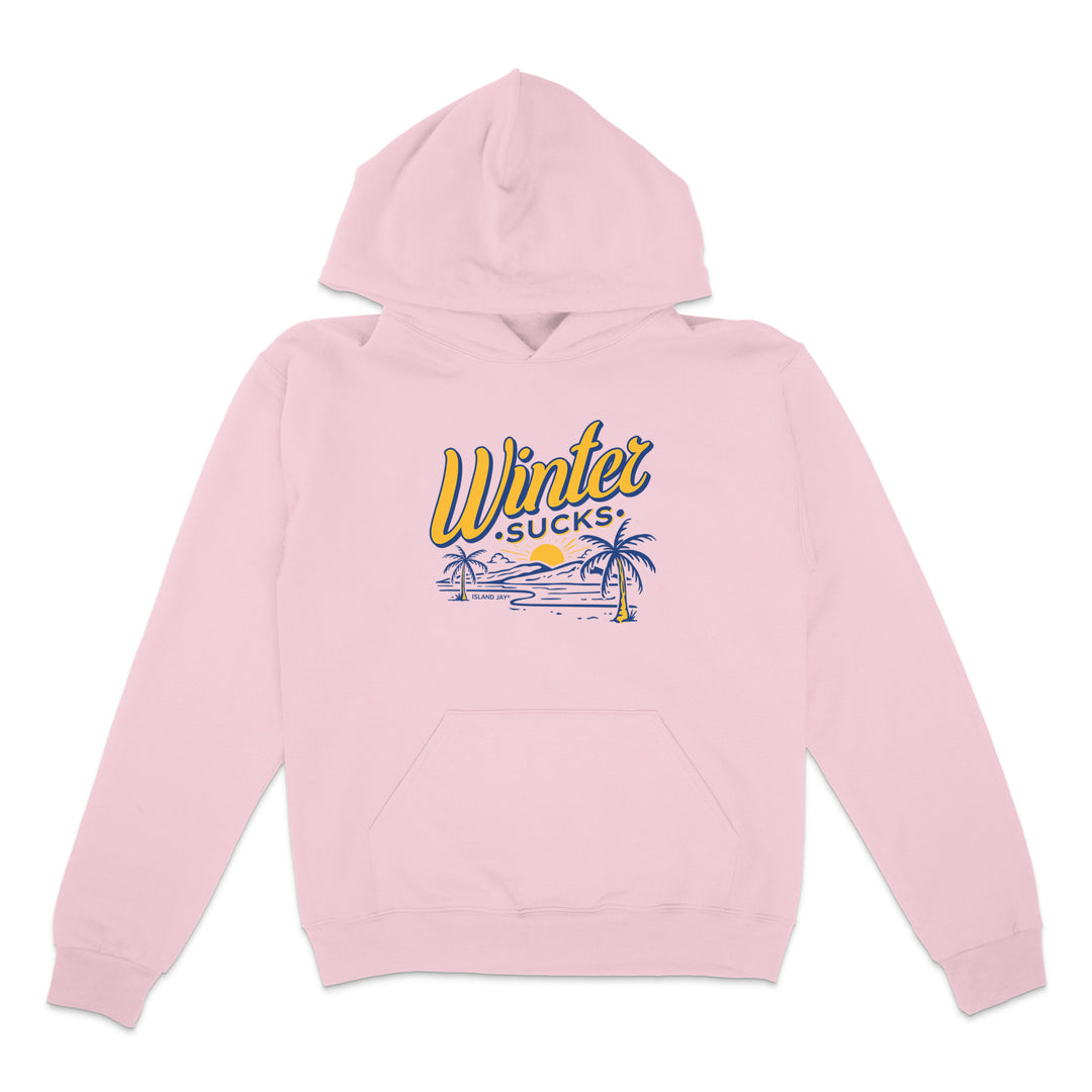 Pink hoodie with 'Winter Sucks' graphic on a white background