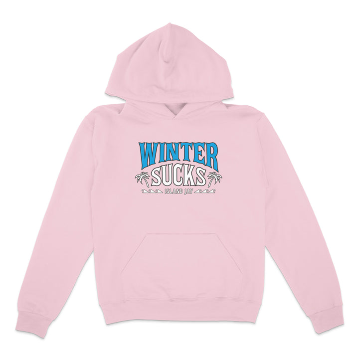 Pink hoodie with 'Winter Sucks' text on a white background