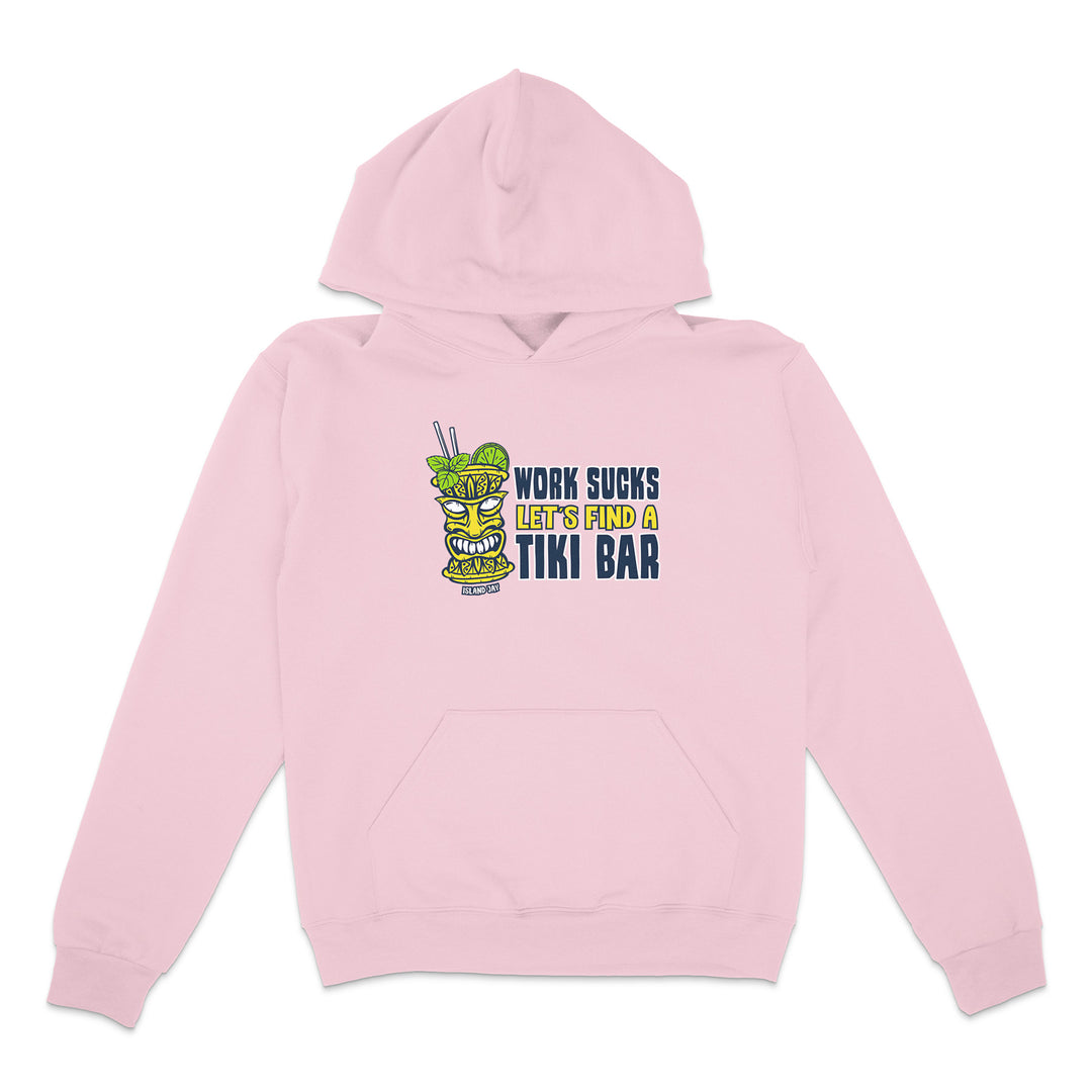 Pink hoodie with a tiki bar graphic and text on a white background