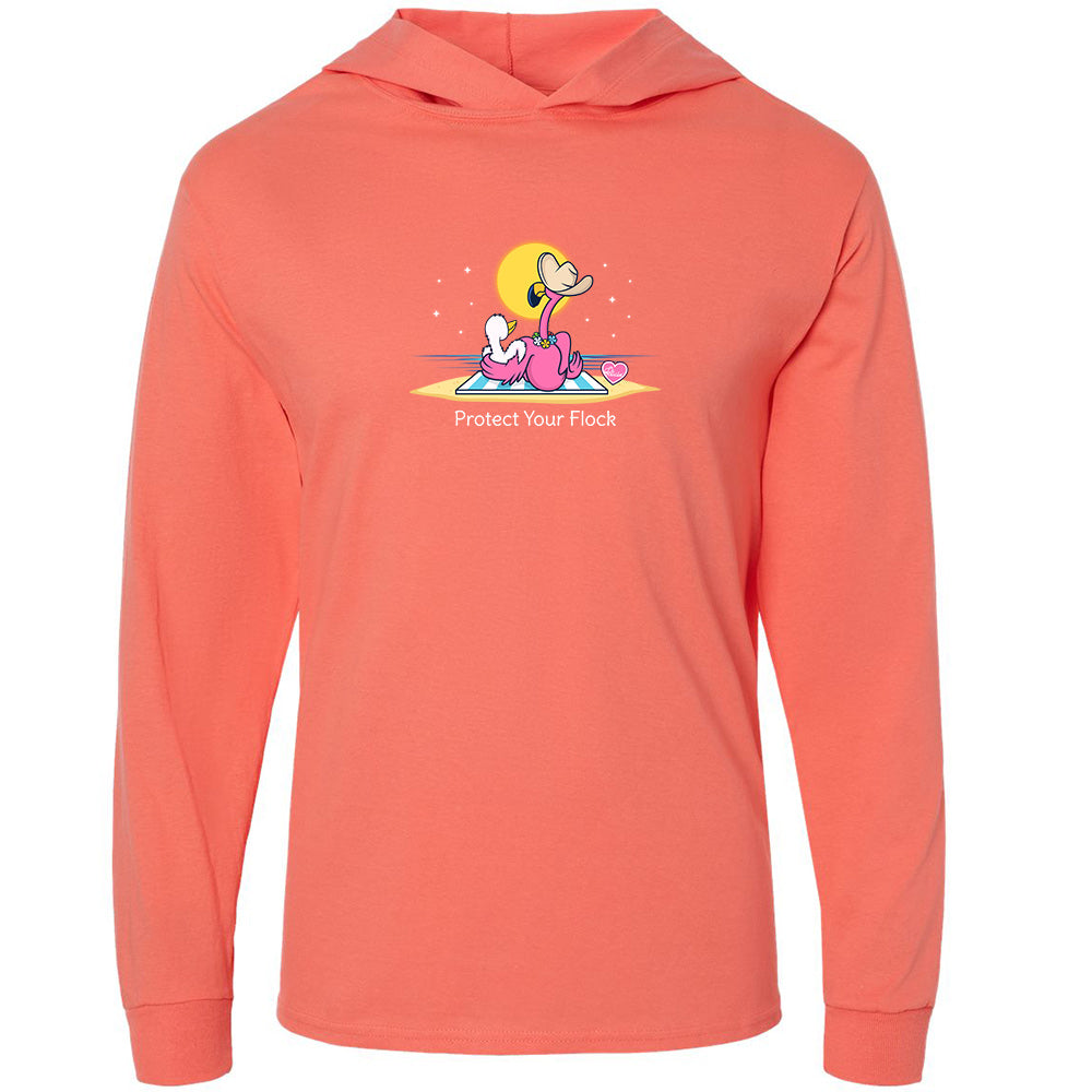 Protect Your Flock Flamingo Tee Hoodie featuring a mommy flamingo holding her baby flamingo by the shore