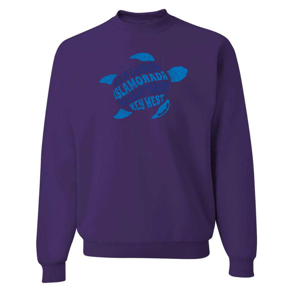 Purple sweatshirt with blue turtle graphic and text on a white background