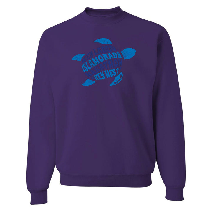 Purple sweatshirt with blue turtle graphic and text on a white background