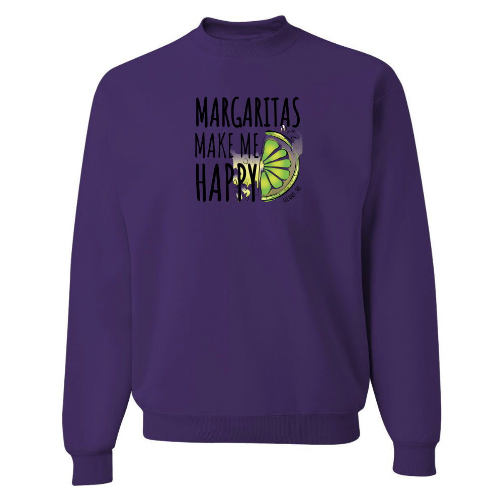 Purple sweatshirt with 'Margaritas Make Me Happy' text and lime graphic on a white background