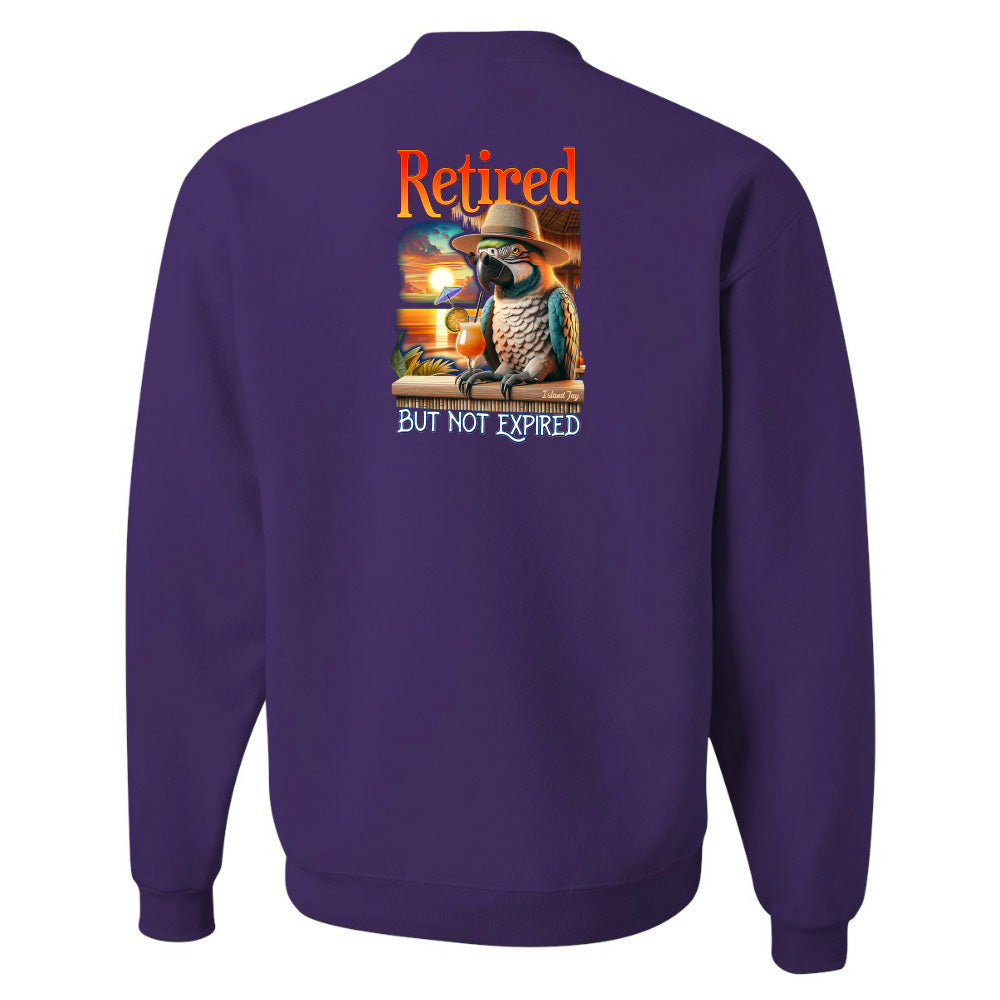 Purple sweatshirt with a parrot graphic and text on the back, on a white background