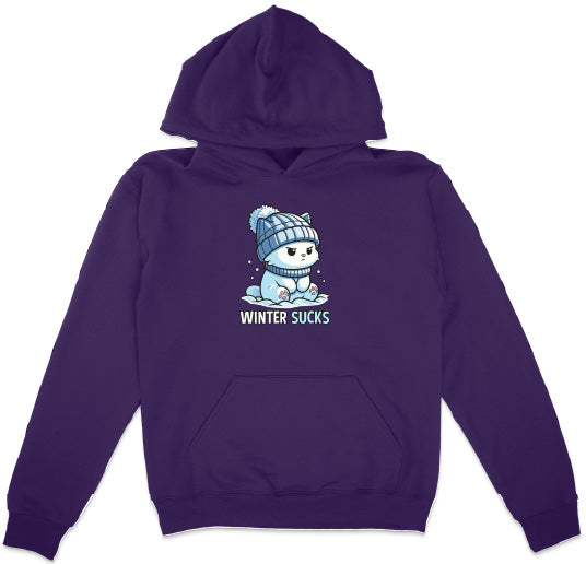 Purple hoodie with a graphic of a bear wearing a hat and scarf, and the text 'Winter Sucks'.