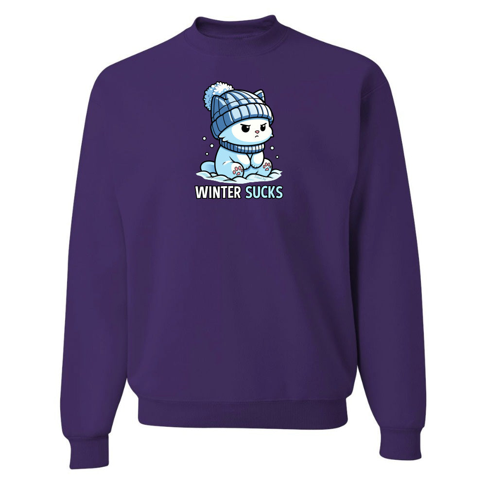 Purple sweatshirt with a cartoon character and 'Winter Sucks' text on a white background