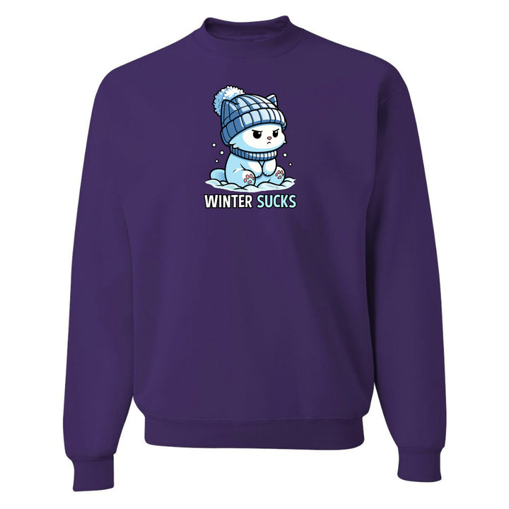Purple sweatshirt with a cartoon character and 'Winter Sucks' text on a white background