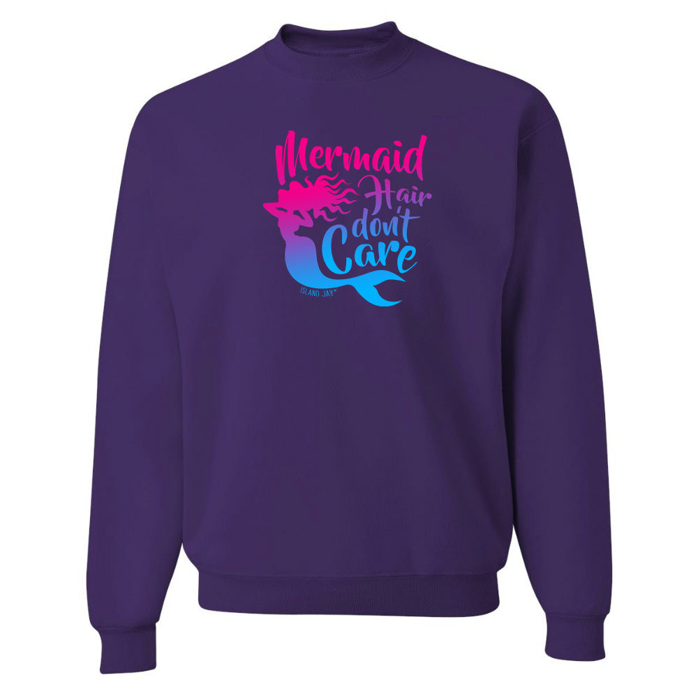 Purple sweatshirt with 'Mermaid Hair Don't Care' text and mermaid graphic on a white background