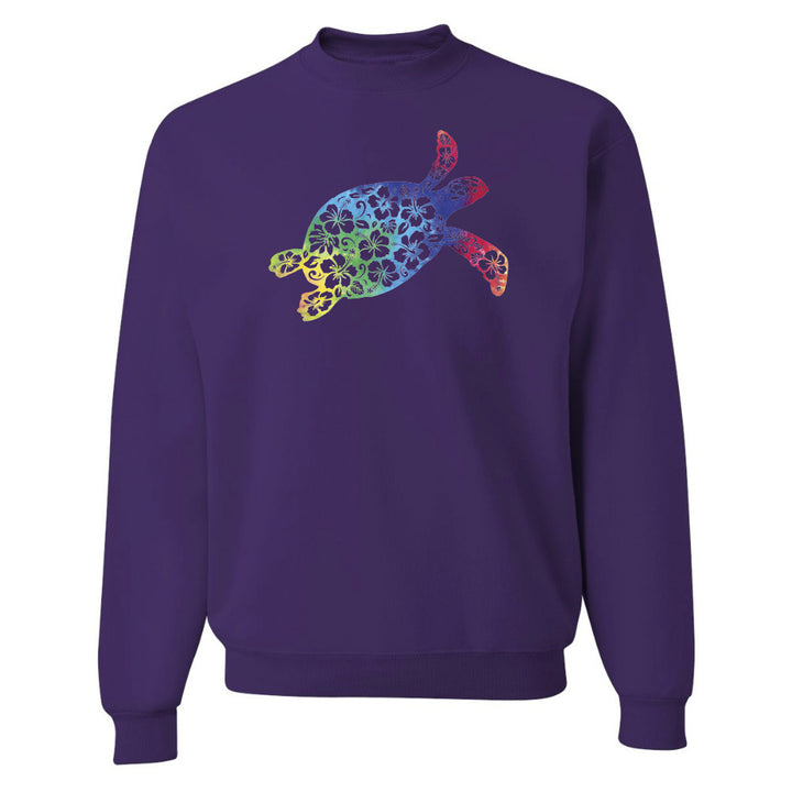 Purple sweatshirt with a colorful turtle design