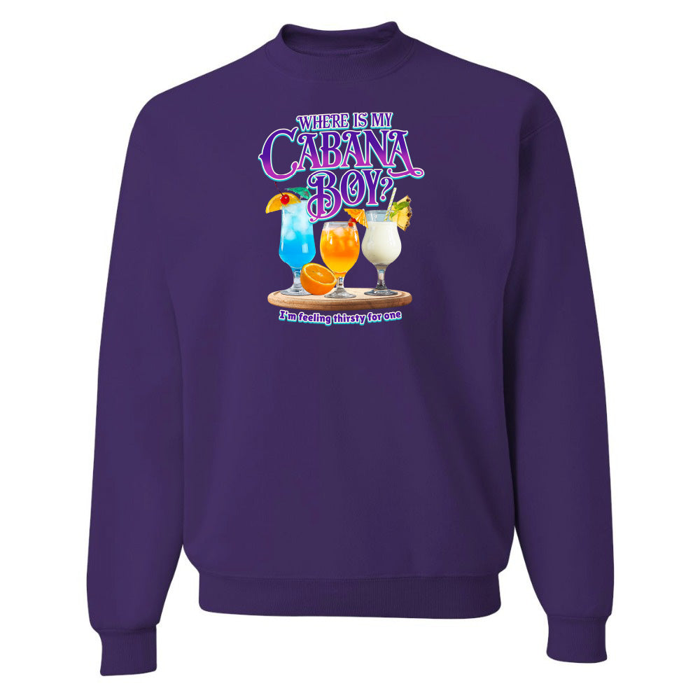 Purple sweatshirt with a graphic of cocktails and text on a white background