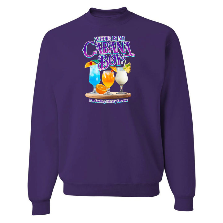 Purple sweatshirt with a graphic of cocktails and text on a white background