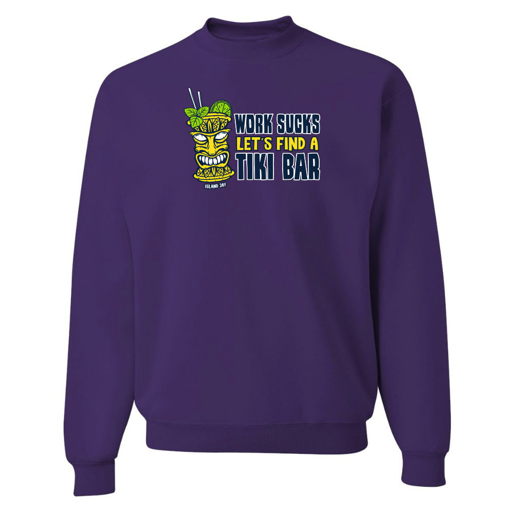 Purple sweatshirt with a tiki bar graphic and text on a white background