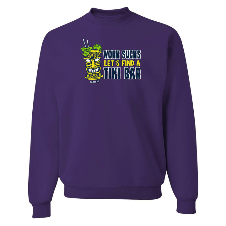 Purple sweatshirt with a tiki bar graphic and text on a white background