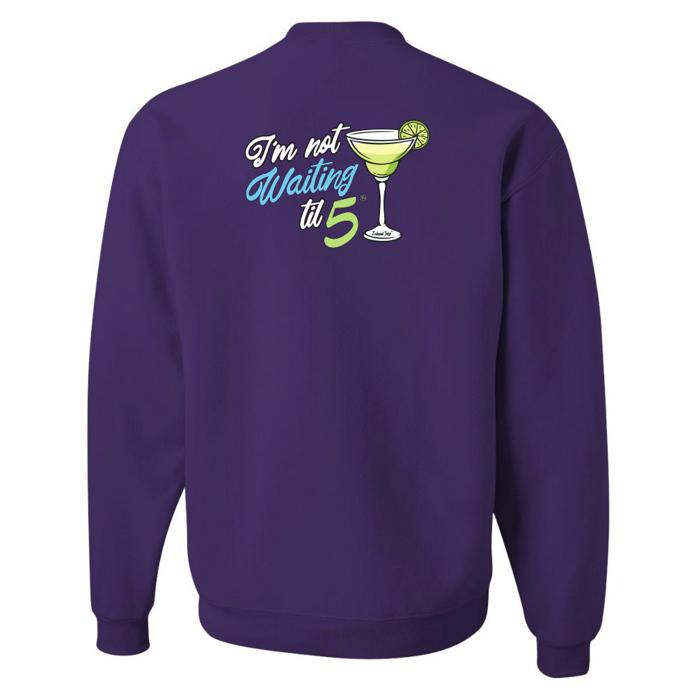 Purple sweatshirt with a graphic and text on the back against a white background