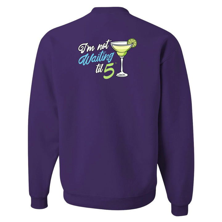 Purple sweatshirt with a graphic and text on the back against a white background