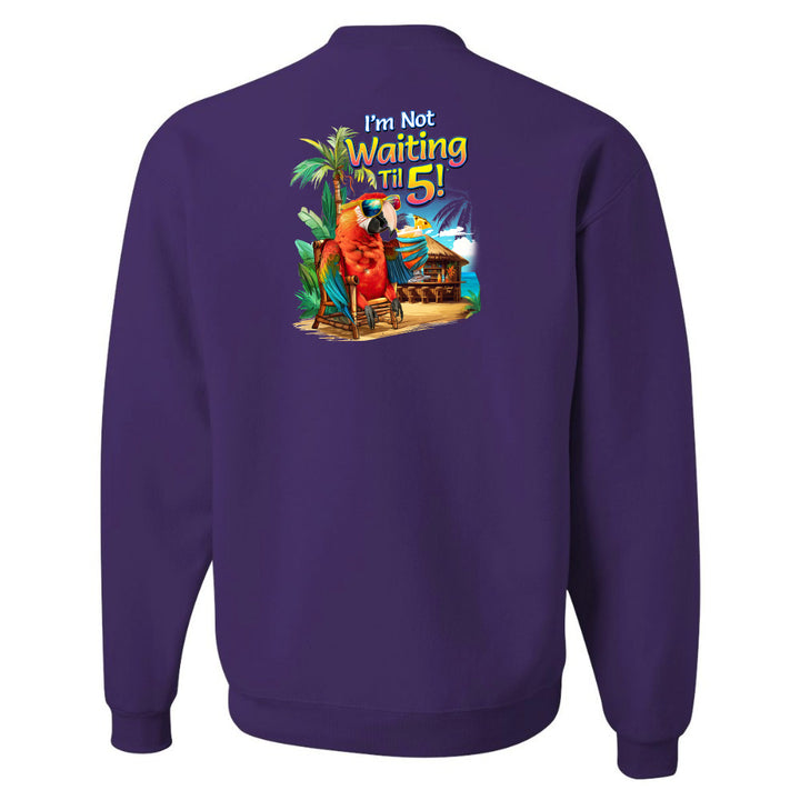 Purple sweatshirt with a colorful graphic and text on the back against a white background