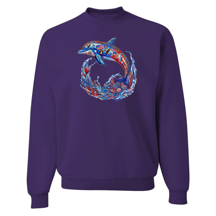 Purple sweatshirt with a colorful dolphin design on a white background