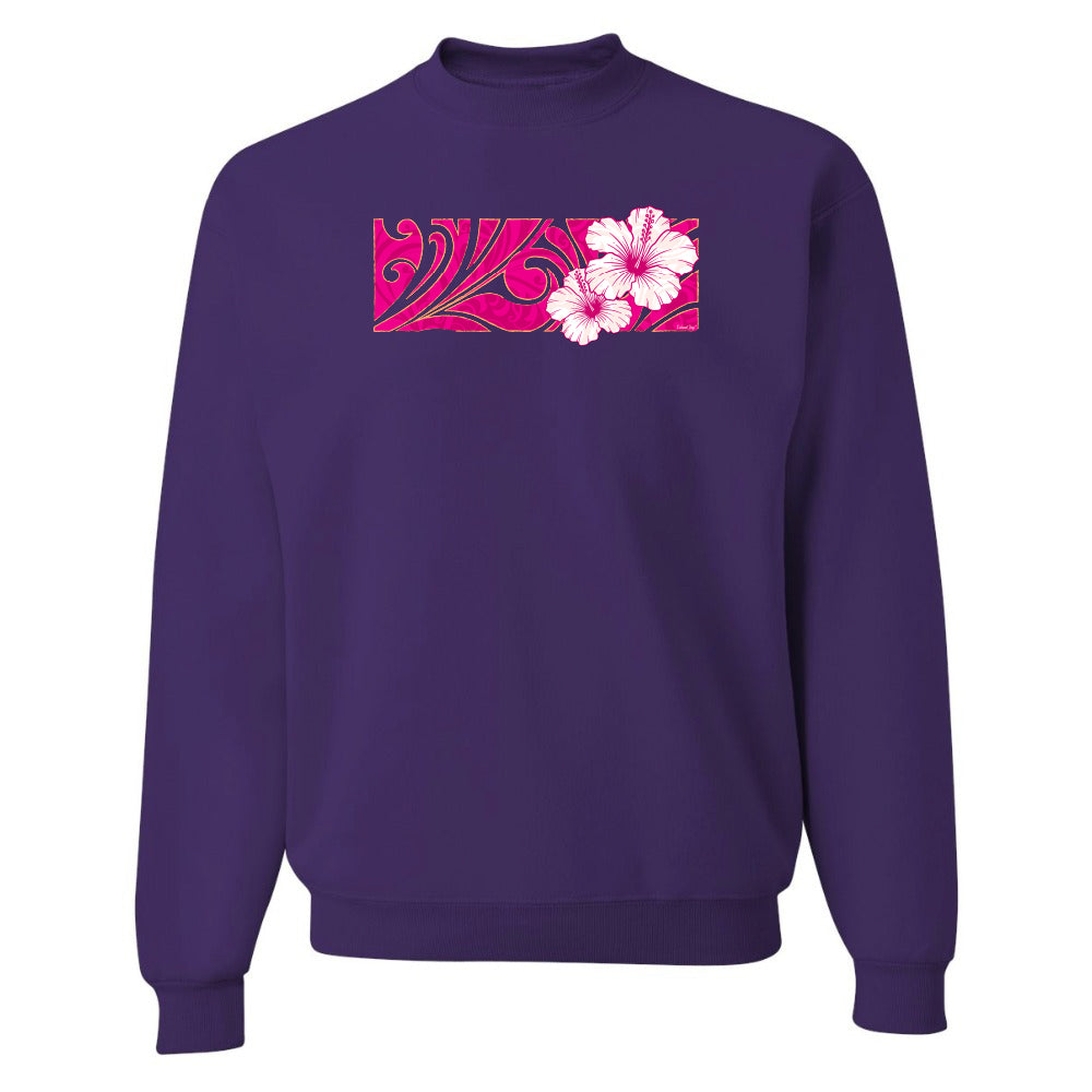 Purple sweatshirt with pink floral design on a white background