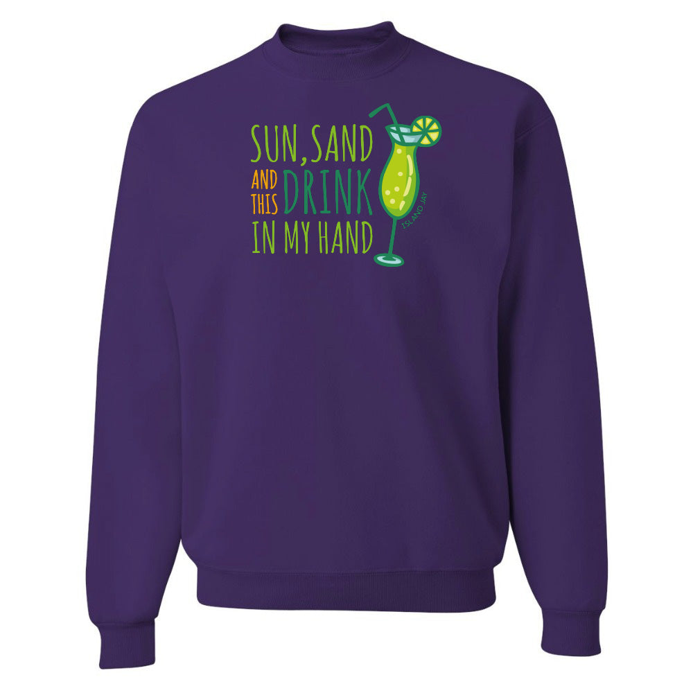Purple sweatshirt with a tropical-themed graphic and text on a white background