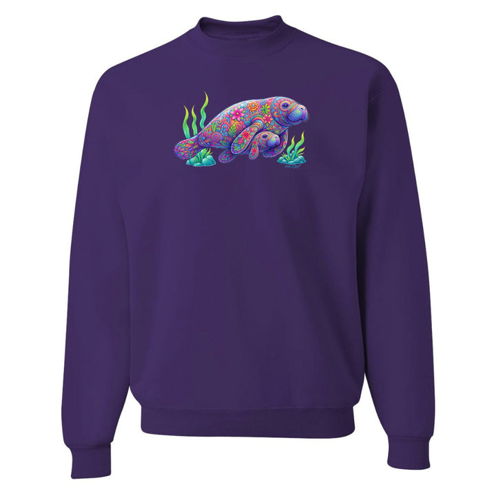 Purple sweatshirt with a colorful sea turtle design on a white background