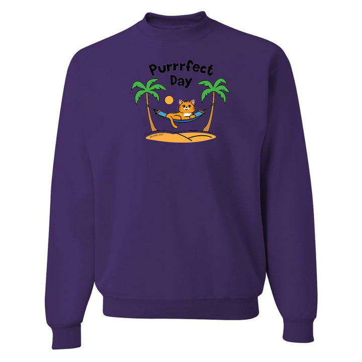 Purple sweatshirt with a cat graphic and 'Purrfect Day' text on a white background