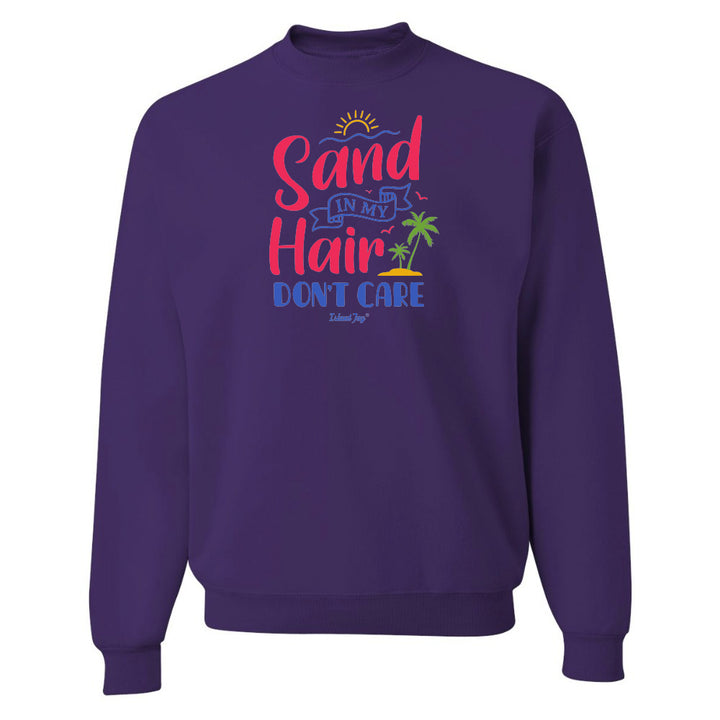 Purple sweatshirt with colorful text design on a white background