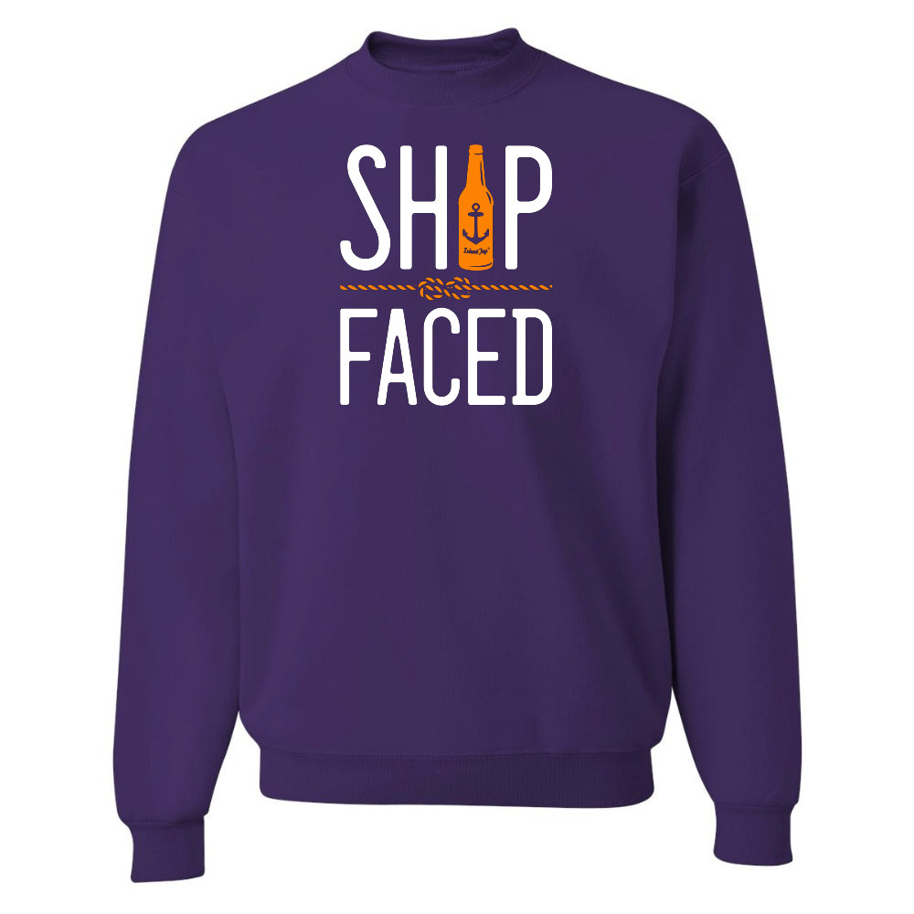 Purple sweatshirt with 'SHIP FACED' text and graphics on a white background