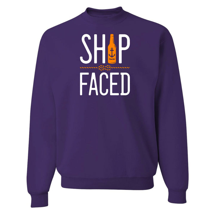 Purple sweatshirt with 'SHIP FACED' text and graphics on a white background