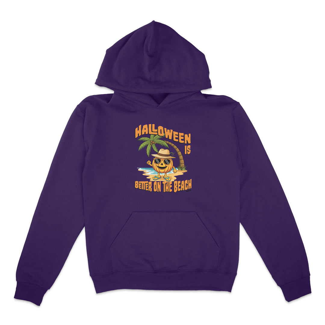 Purple hoodie with Halloween-themed design on a white background
