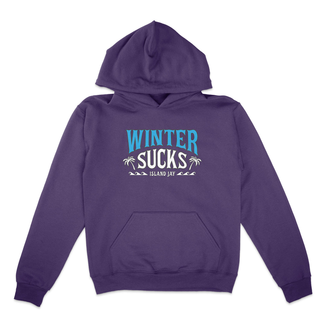 Purple hoodie with 'Winter Sucks' text on a white background