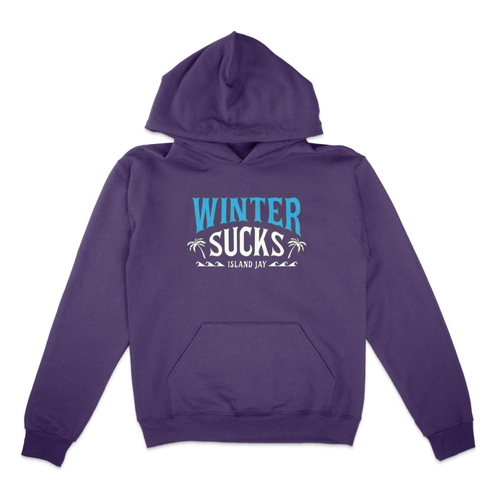 Purple hoodie with 'Winter Sucks' text on a white background