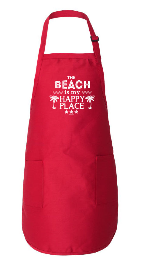 Red apron with 'The Beach is my Happy Place' text on a white background